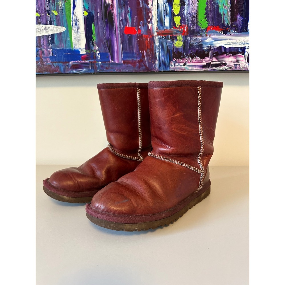 UGG Australia Classic Short Bomber Burgundy Leather Boots | Size 6